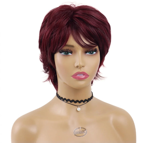 Load image into Gallery viewer, Synthetic Natural Wigs for Women Short Pixie Cut Wig Wine Red Hairstyle Mommy Wig with Bangs Heat Resistant Lady Wig
