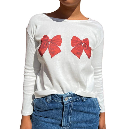 Load image into Gallery viewer, y2k Crop Top 2000s Women Graphic Cherry/Cake Print Round Neck Long Sleeve T Shirt Aesthetic Clothing White Streetwear
