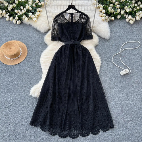 Load image into Gallery viewer, Summer French Retro Solid Round Neck Short Sleeved Hollow Out Lace Dress For Women Slim Elegant High Waist Party Evening Dresses
