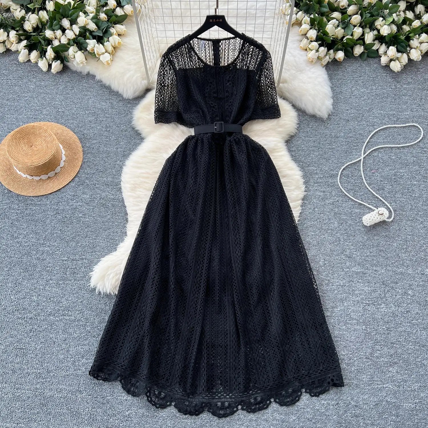 Summer French Retro Solid Round Neck Short Sleeved Hollow Out Lace Dress For Women Slim Elegant High Waist Party Evening Dresses
