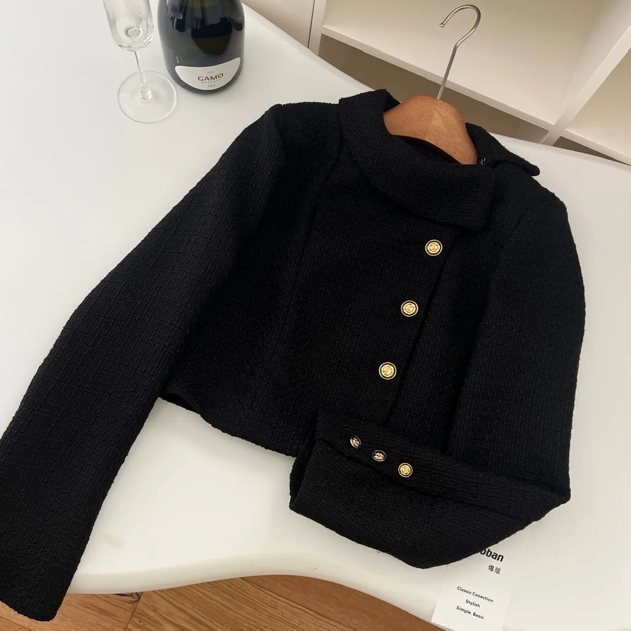 French Fashion Woman Autumn Winter Retro Black Long Sleeves Coat Vintage Elegant Single Breasted Festival Short Jacket Tops Chic