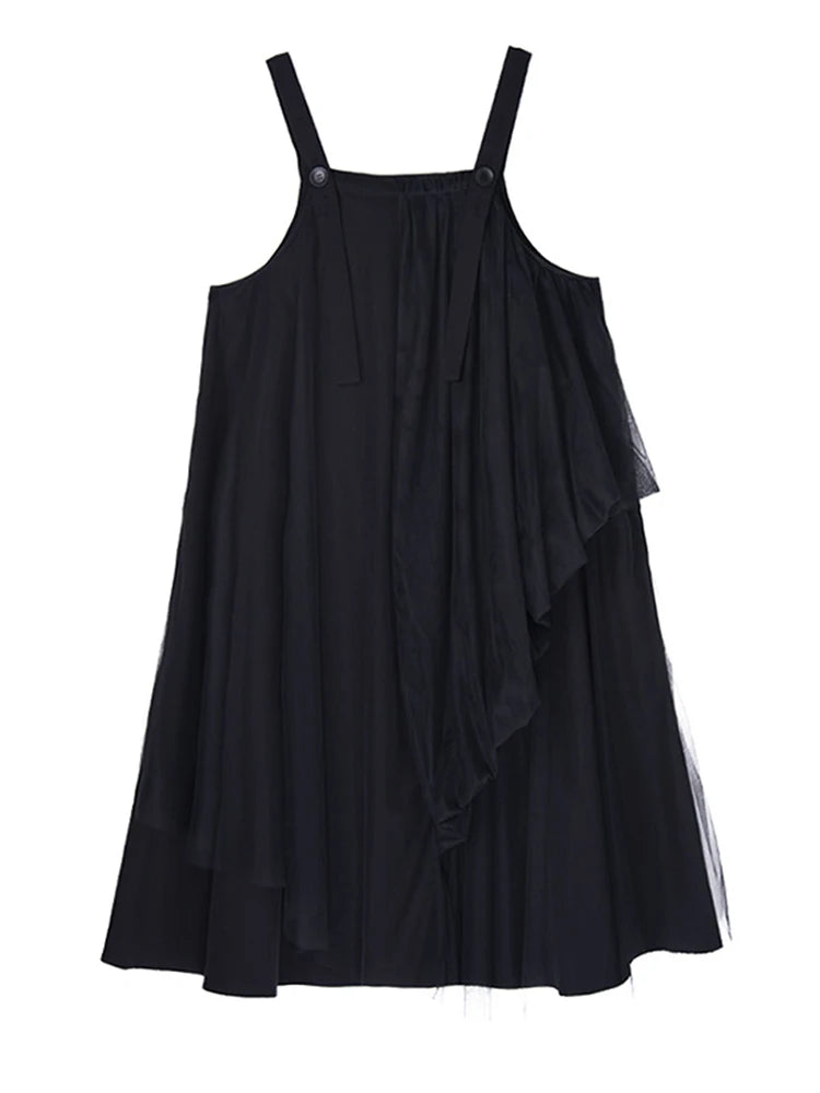Women Black Irregular Mesh Big Size Strap Dress New Square Collar Sleeveless Fashion Tide Spring Autumn 2025 1DJ1413