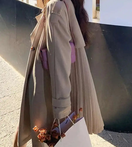 Women Khaki Back Pleated Big Size Elegant Trench New Lapel Long Sleeve Windbreaker Fashion Tide Spring Autumn 2025 1DH9716