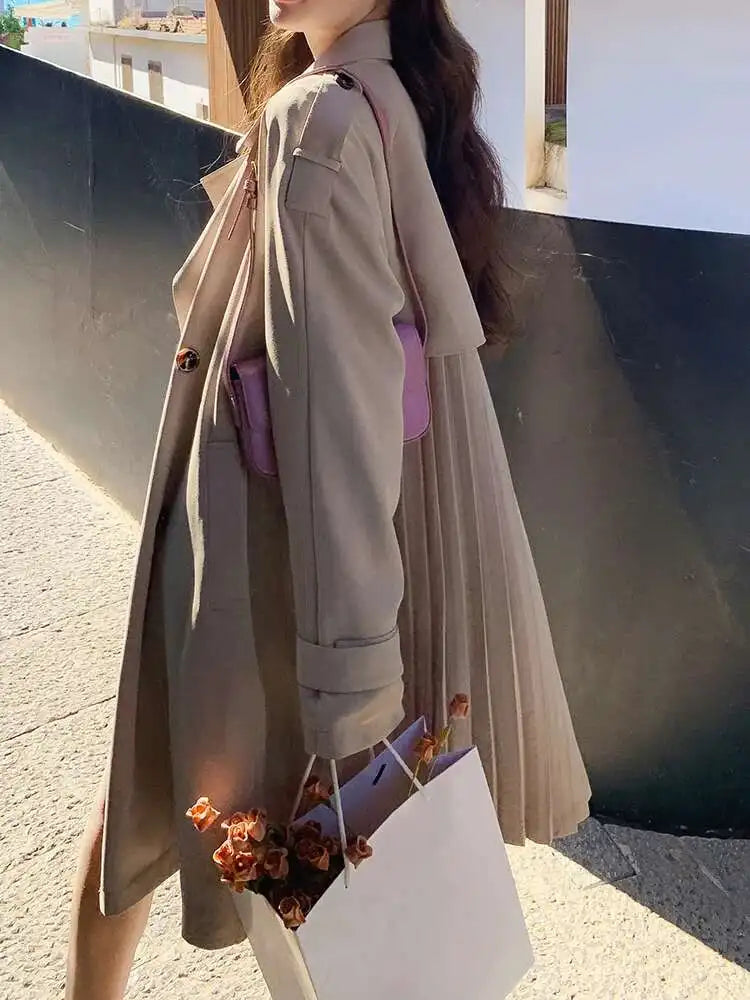 Women Khaki Back Pleated Big Size Elegant Trench New Lapel Long Sleeve Windbreaker Fashion Tide Spring Autumn 2025 1DH9716