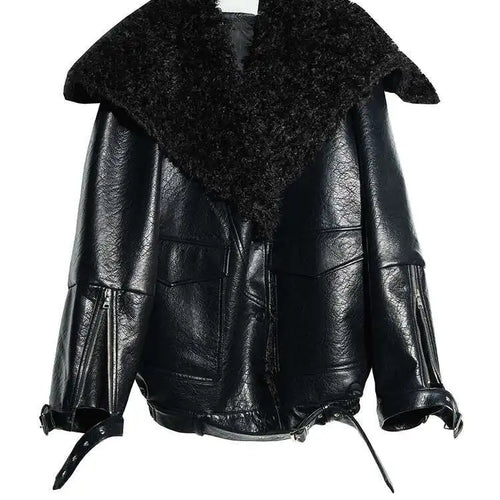 Load image into Gallery viewer, Black Thick Lambswool Big Size PU Leather Jacket New Lapel Long Sleeve Women Coat Fashion Tide Autumn Winter 2025 1DH8259
