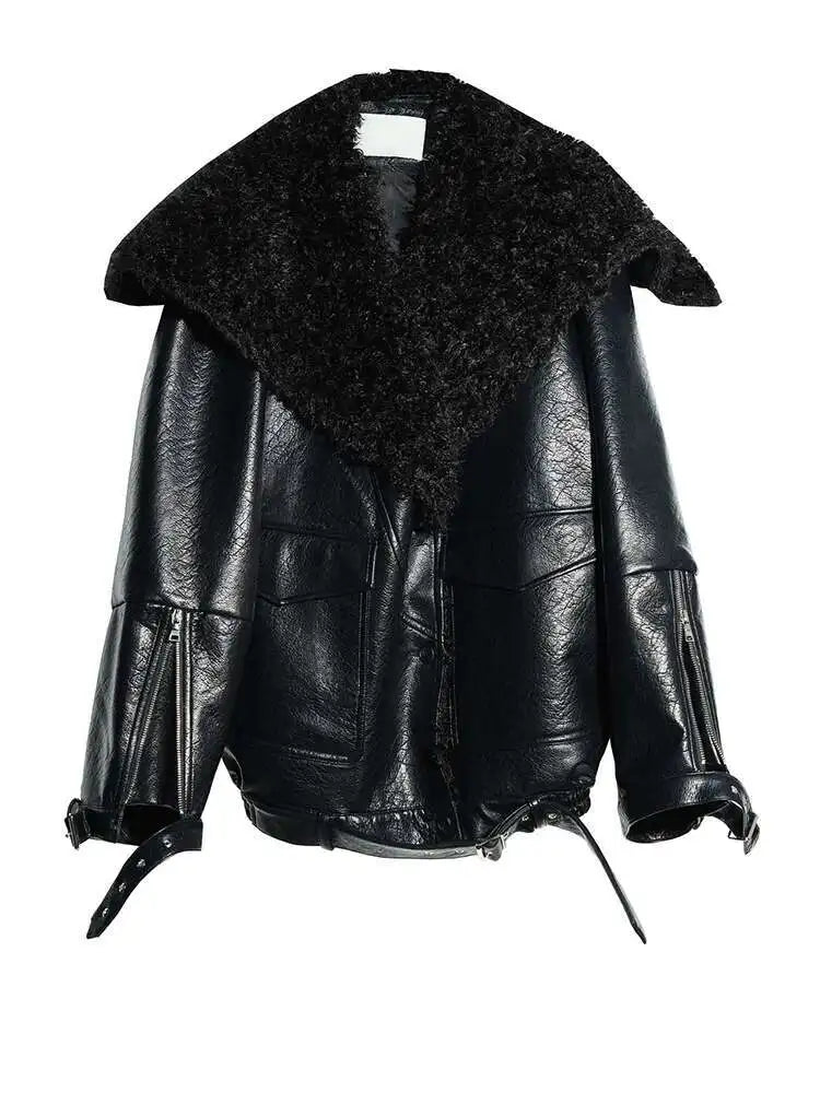 Black Thick Lambswool Big Size PU Leather Jacket New Lapel Long Sleeve Women Coat Fashion Tide Autumn Winter 2025 1DH8259
