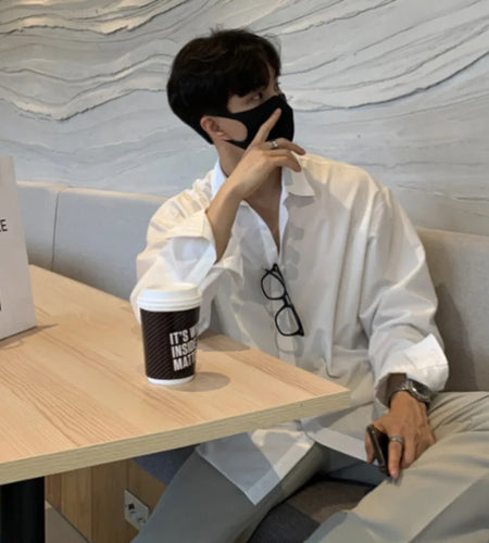 Men's T-shirts Long Sleeve New Korean Style Solid Color Trendy Singel Breasted Turn-down Collar Stylish Male Top 9W1816