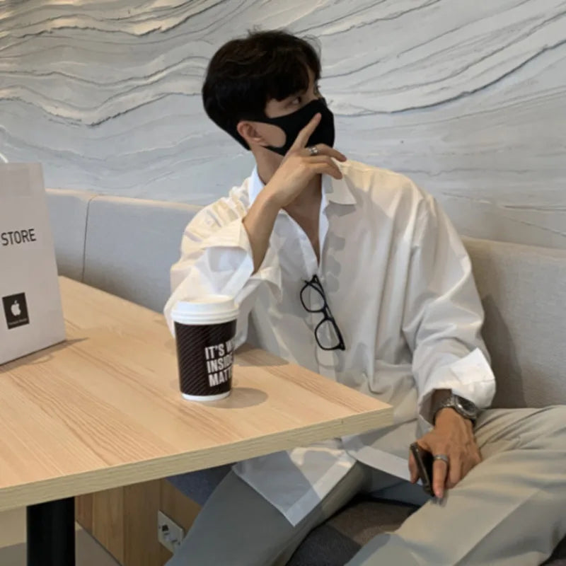 Men's T-shirts Long Sleeve New Korean Style Solid Color Trendy Singel Breasted Turn-down Collar Stylish Male Top 9W1816