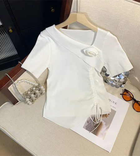 Korean Ladies Drawstring Ruched Lace-up Knit Tops Women Solid Slim 3d Flower Short Sleeved Asymmetry T-shirt Streetwear Summer