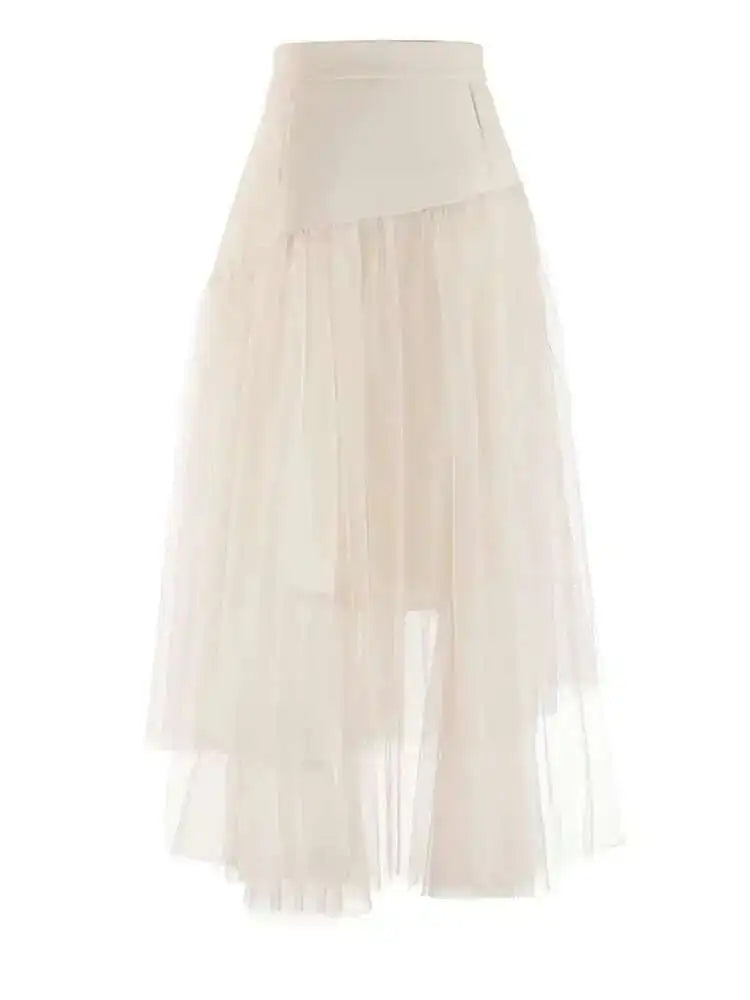 High Waist Apricot Irregular Mesh Long Elegant Tassels Half-body Skirt Women Fashion Tide New Spring Autumn 2025 1DF1950