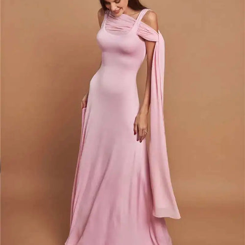 Load image into Gallery viewer, Pink Cape Sleeve Sexy Maxi Dress For Women Off-shoulder Backless Gown Elegant Skew Collar Lace-up Long Dress Vestido

