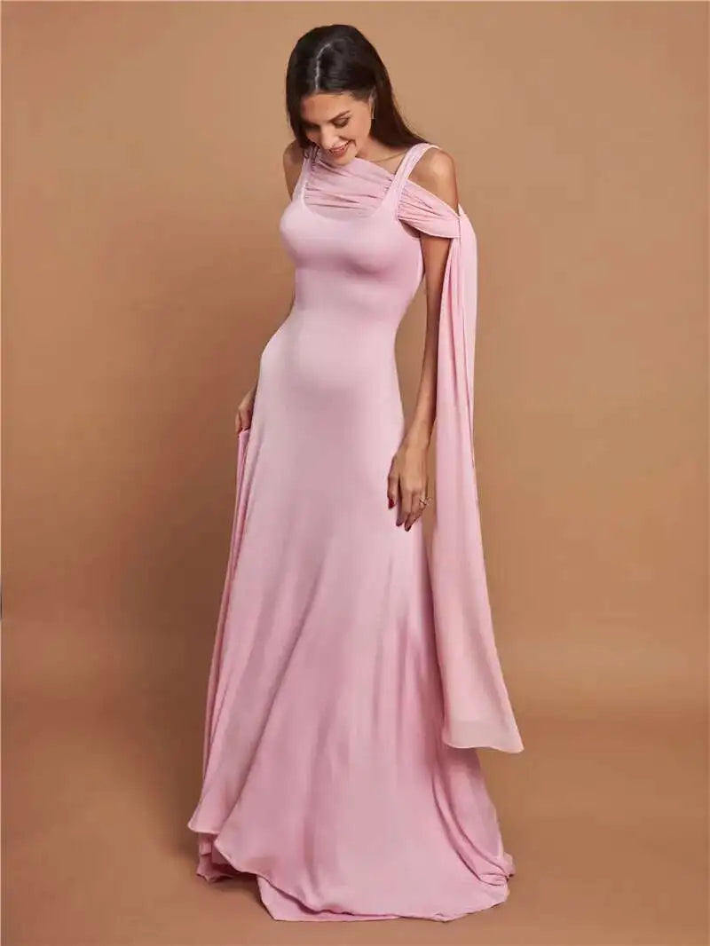 Pink Cape Sleeve Sexy Maxi Dress For Women Off-shoulder Backless Gown Elegant Skew Collar Lace-up Long Dress Vestido