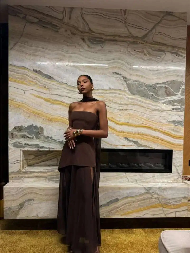 Elegant Strapless Sexy Maxi Dress For Women Gown With Scarf Off-shoulder Sleeveless Backless Split Beach Long Dress