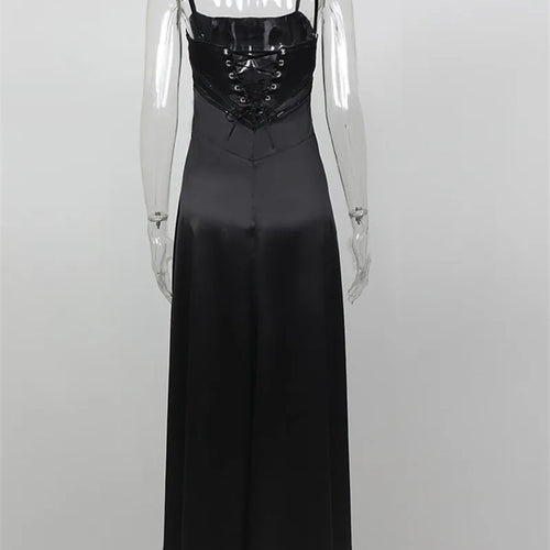 Load image into Gallery viewer, Lace-up Satin Maxi Slipdress Women Black Spaghetti Strap Sleeveless Backless Maxi Dress Femme Club Party Evening Dress
