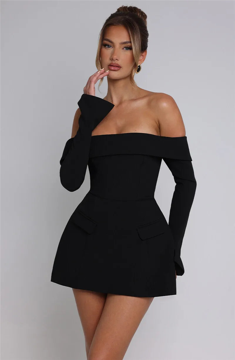 Off-shoulder Long Sleeve Sexy Mini Dress For Women Two Pocket Strapless Backless A-line Club Party Sexy Dress Elegant