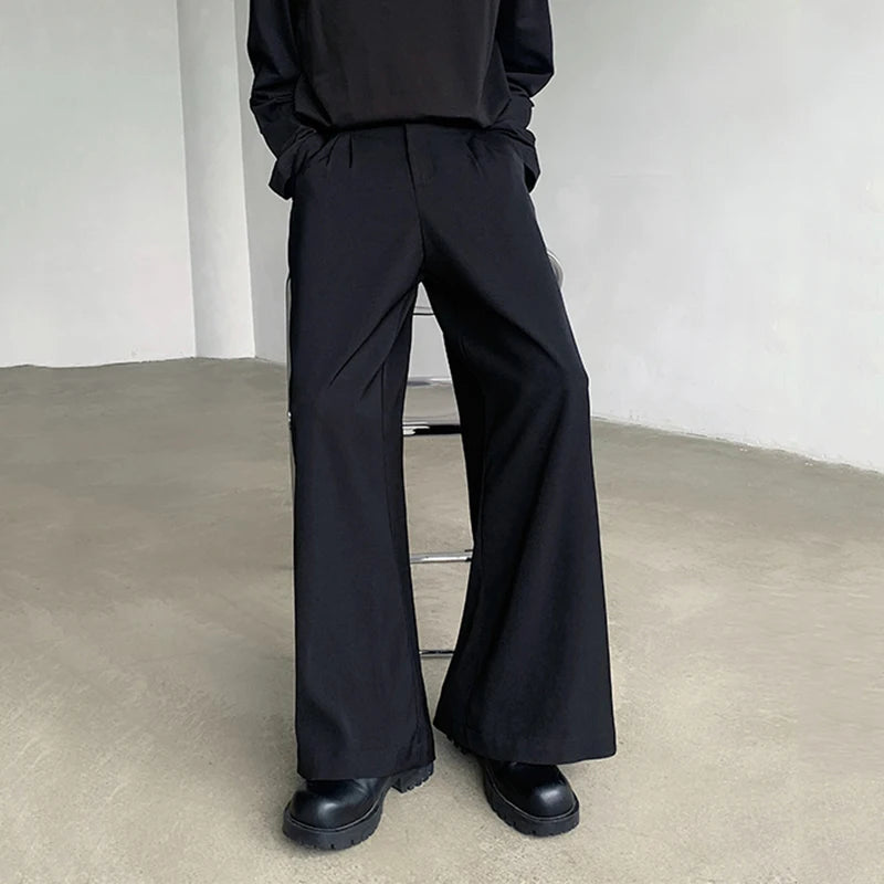 Korean Style Men's Suit Pants Loose Belt Solid Color Pleated Straight Bottom Wide Leg Casual Male Trousers Stylish 9C6995