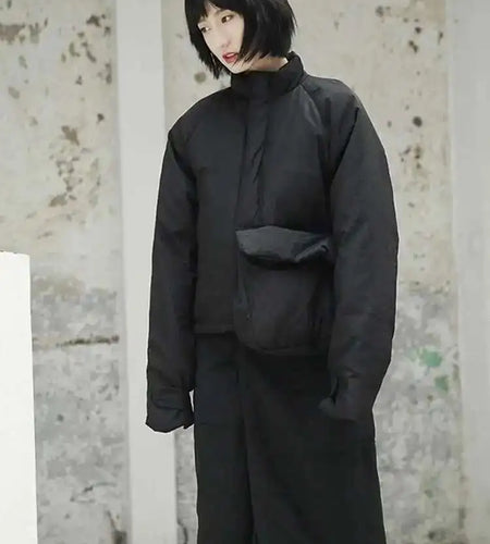 Spring Stand Collar Black Single Pocket Stitch Large Size Warm Cotton-padded Coat Women Jacket Fashion JI51