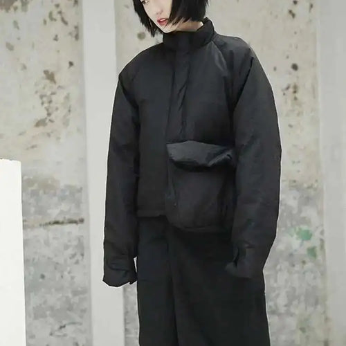 Load image into Gallery viewer, Spring Stand Collar Black Single Pocket Stitch Large Size Warm Cotton-padded Coat Women Jacket Fashion JI51
