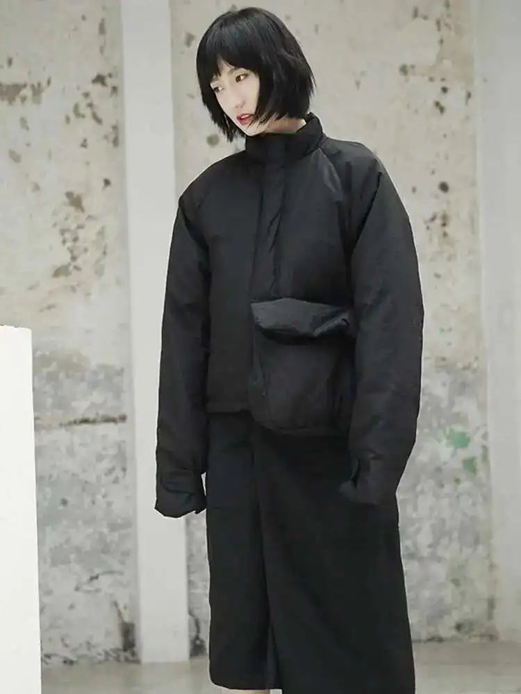 Spring Stand Collar Black Single Pocket Stitch Large Size Warm Cotton-padded Coat Women Jacket Fashion JI51