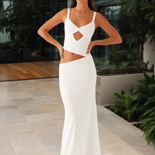 Load image into Gallery viewer, Hollow Out Backless Sexy Maxi Dress Women Gown Spaghetti Strap Sleeveless Irregular Slim Club Long Dress 2025 Summer

