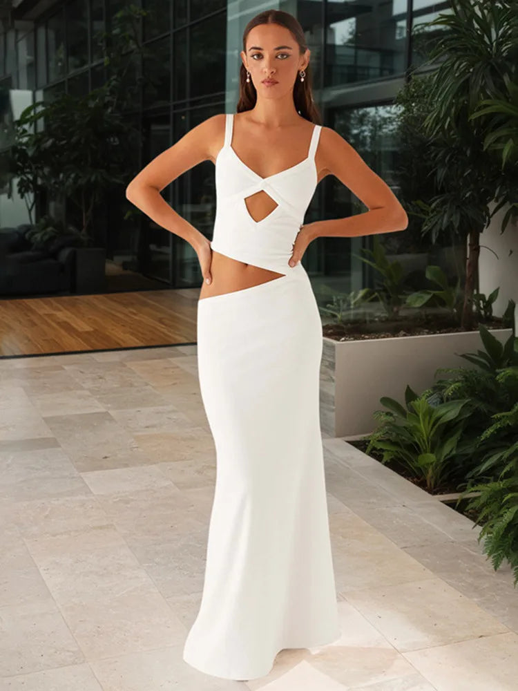 Hollow Out Backless Sexy Maxi Dress Women Gown Spaghetti Strap Sleeveless Irregular Slim Club Long Dress 2025 Summer