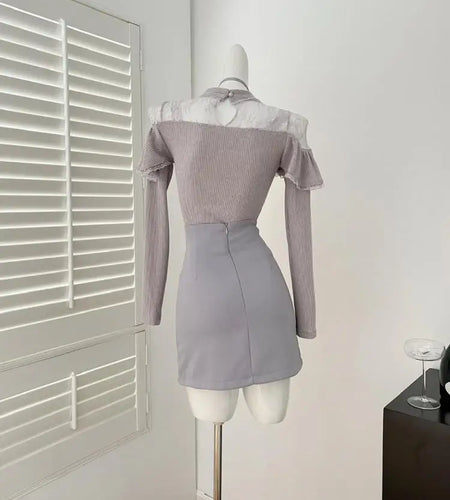 Autumn Winter Women Grey Patchwork Lace Elegant Ruffle Edge Long Sleeves Knit Tops And High Waist Slim Short Skirt Two-piece Set
