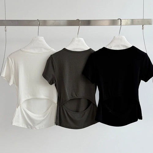 Load image into Gallery viewer, Women Dark Gray Back Hollow Out Casual Slim T-shirt New Round Neck Short Sleeve Fashion Tide Spring Summer 2025 1DJ1546
