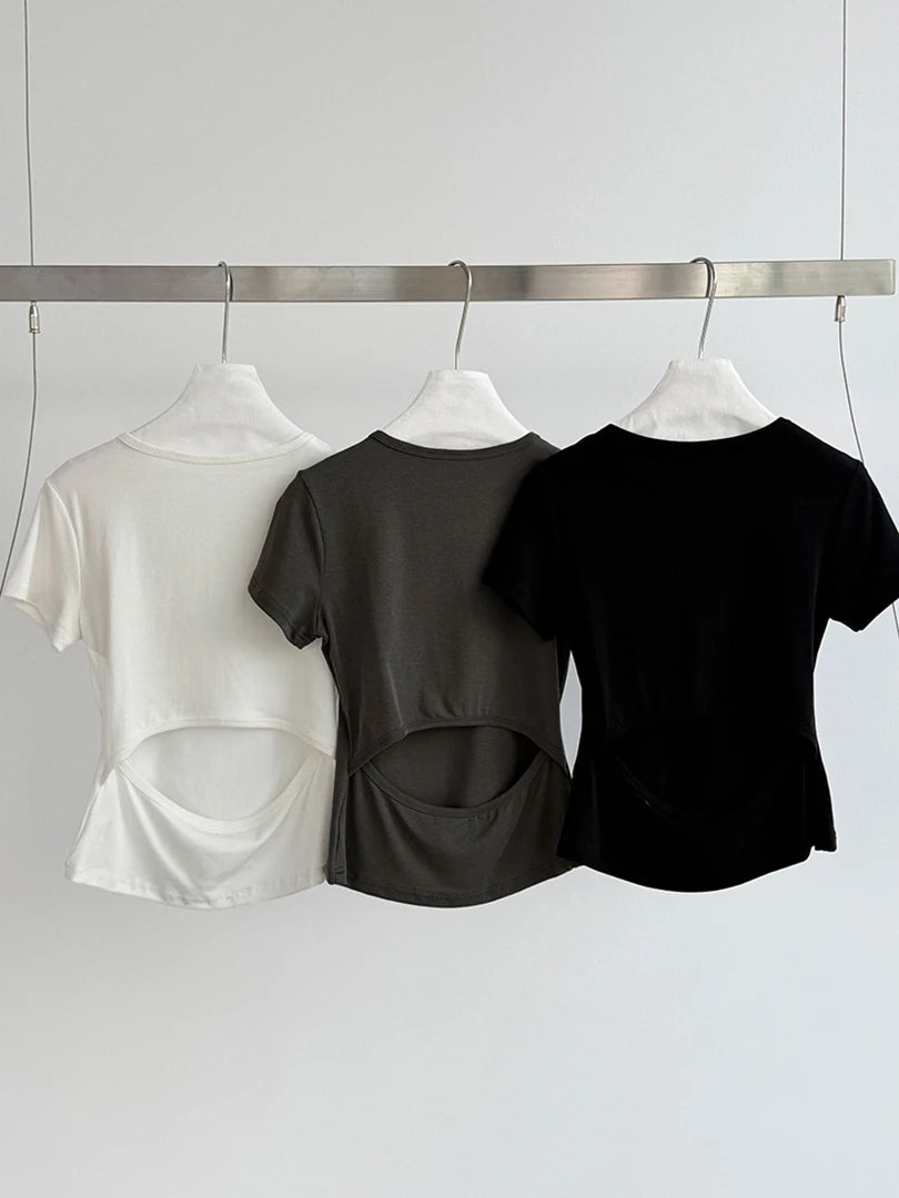 Women Dark Gray Back Hollow Out Casual Slim T-shirt New Round Neck Short Sleeve Fashion Tide Spring Summer 2025 1DJ1546