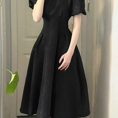 Load image into Gallery viewer, Vintage Elegant Wrap Dresses Woman French Retro Black Puff Sleeve Midi Dress Square Collar Summer Fashion Solid Kpop
