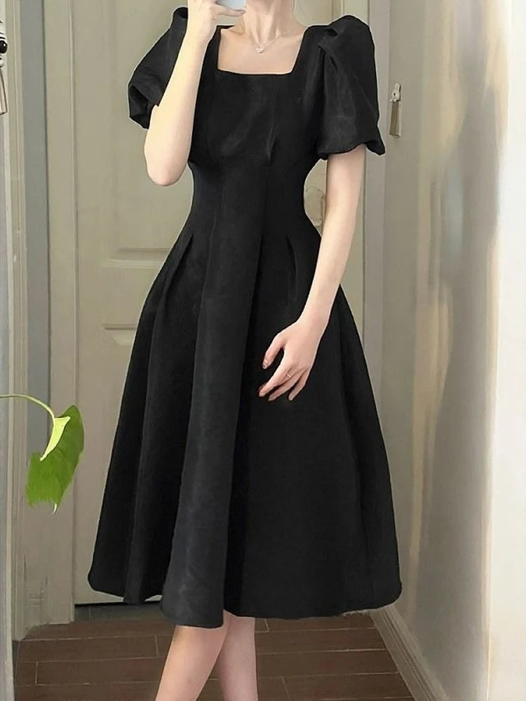 Vintage Elegant Wrap Dresses Woman French Retro Black Puff Sleeve Midi Dress Square Collar Summer Fashion Solid Kpop