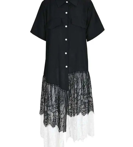 Women Black Lace Pleated Big Size Shirt Dress New Lapel Half Sleeve Loose Fit Fashion Tide Spring Summer 2025  1DF8749