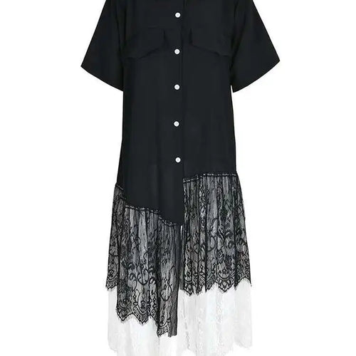Load image into Gallery viewer, Women Black Lace Pleated Big Size Shirt Dress New Lapel Half Sleeve Loose Fit Fashion Tide Spring Summer 2025  1DF8749
