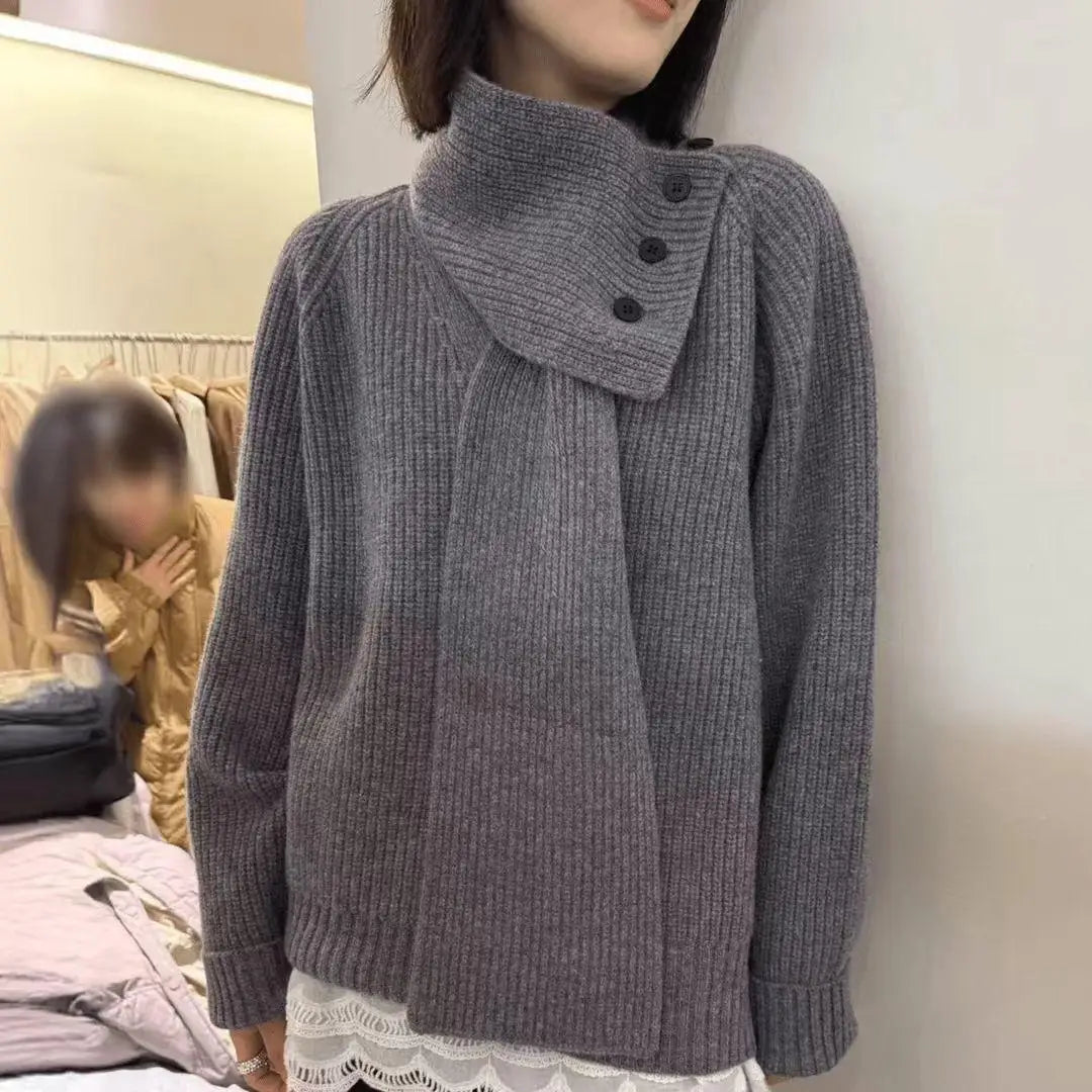 2024 Autumn Winter New Solid Scarf Neck Sweater Korean Version Loose Fashion Long Sleeve Pullovers Knitted Tops Ladies Clothes