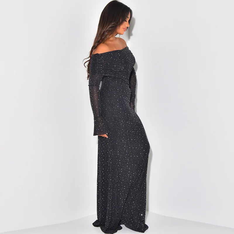 Glitter Off-shoulder Sexy Maxi Dress For Women Gown Black Strapless Long Sleeve Bodycon Club Party Sparkle Long Dress