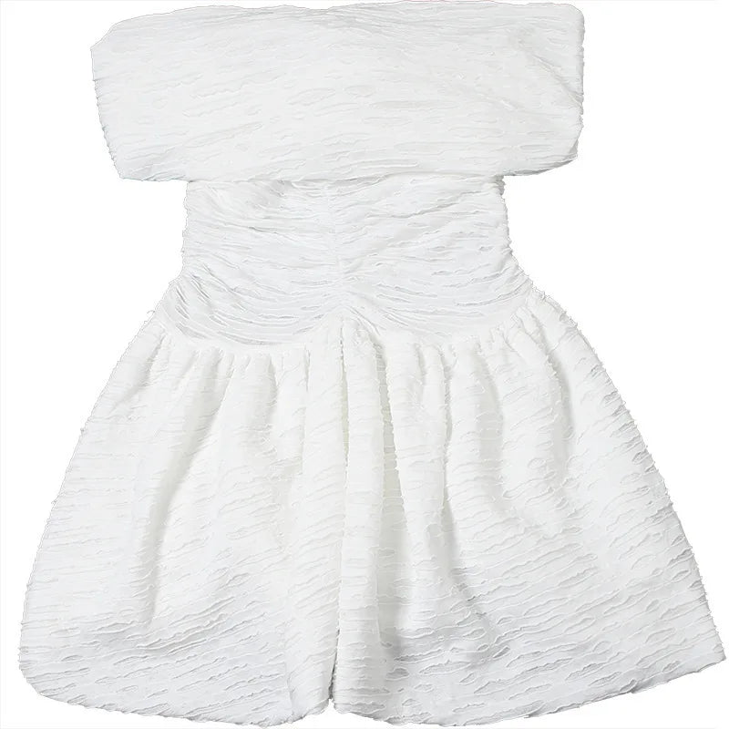 Sexy Off-shoulder Sleeveless Pleated A-line Mini Dress For Women Patchwork Slim Fit Summer Robe High Waist Party Dress