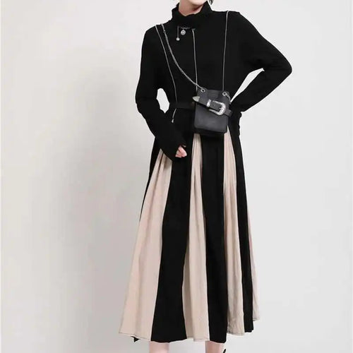 Load image into Gallery viewer, Women Black White Contrast Color Long Dress New Turtleneck Long Sleeve Loose Fit Fashion Tide Autumn Winter 2025  1DD2153
