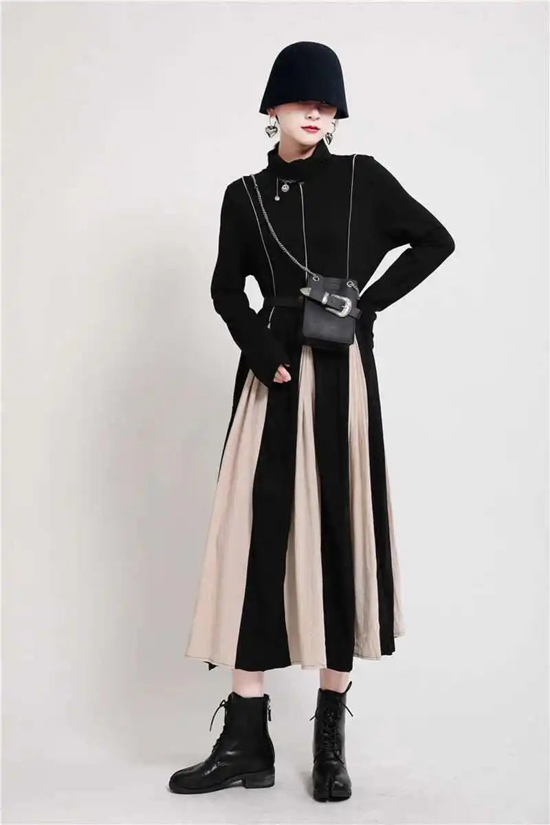 Women Black White Contrast Color Long Dress New Turtleneck Long Sleeve Loose Fit Fashion Tide Autumn Winter 2025  1DD2153
