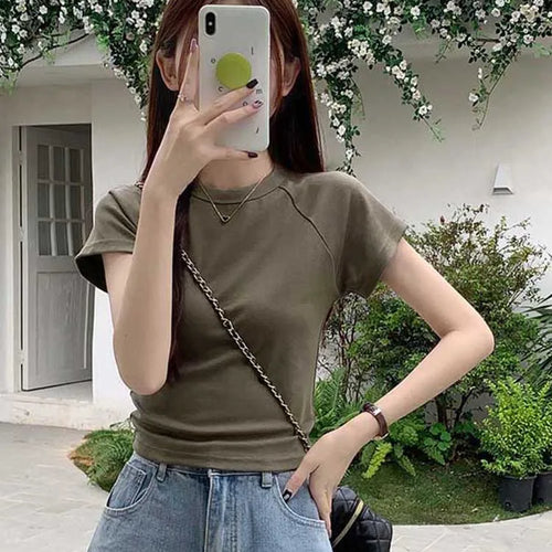 Load image into Gallery viewer, Sexy O Neck Slim T Shirt Women Cotton Elastic Basic Solid Female Casual Korean Tops Short Sleeve Thin T-shirts
