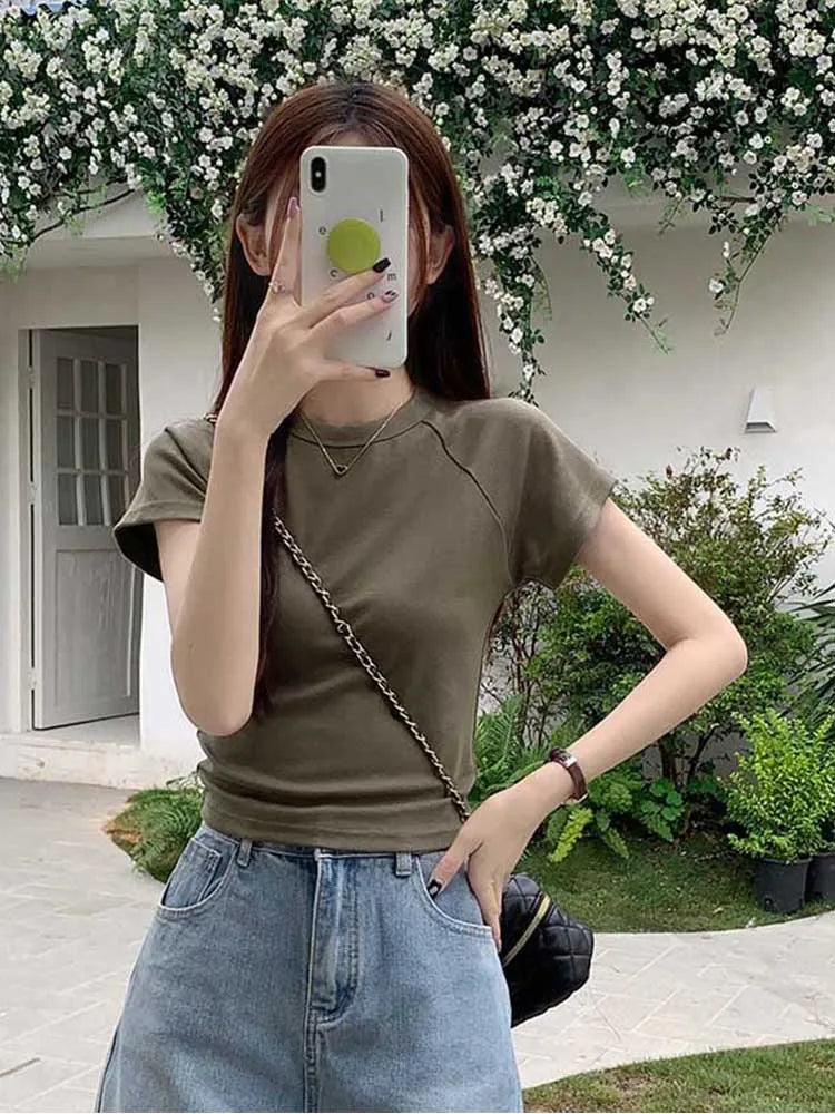 Sexy O Neck Slim T Shirt Women Cotton Elastic Basic Solid Female Casual Korean Tops Short Sleeve Thin T-shirts