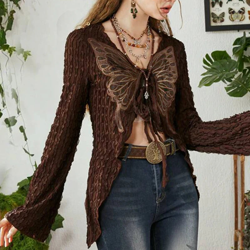 Grunge Fairycore y2k Brown Autumn Tee Shirts Vintage Butterfly Embroidery Tie Up Top Cardigan Chic Shirred Aesthetic