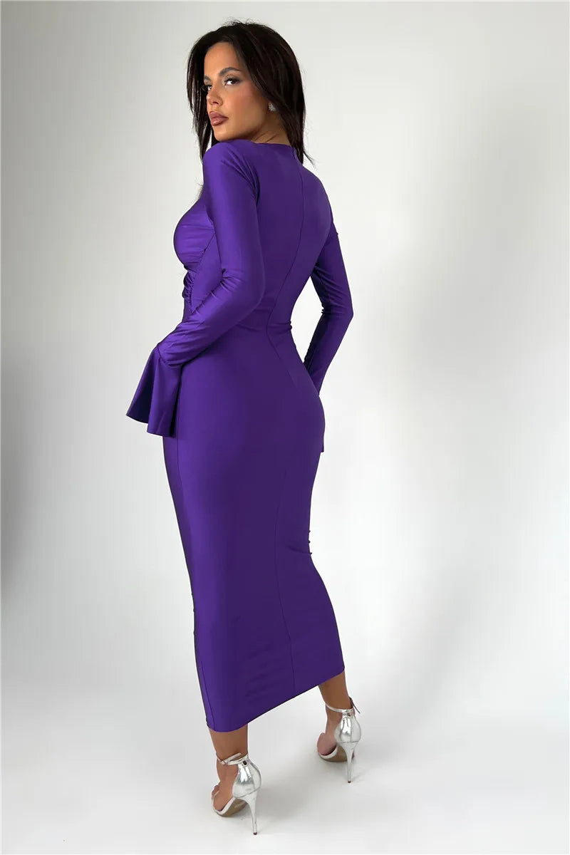 Elegant Hollow Out Sexy Maxi Dress For Women Spring New V Neck Long Flare Sleeve Bodycon Club Party Evening Dress