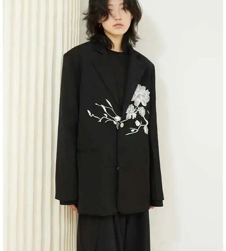 Women Black Embroidery Flower Big Size Blazer New Lapel Long Sleeve Loose Fit Jacket Fashion Spring Autumn 2025 1DF3628