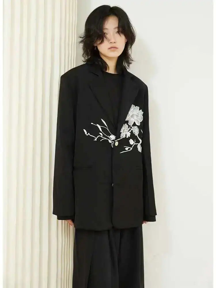 Women Black Embroidery Flower Big Size Blazer New Lapel Long Sleeve Loose Fit Jacket Fashion Spring Autumn 2025 1DF3628