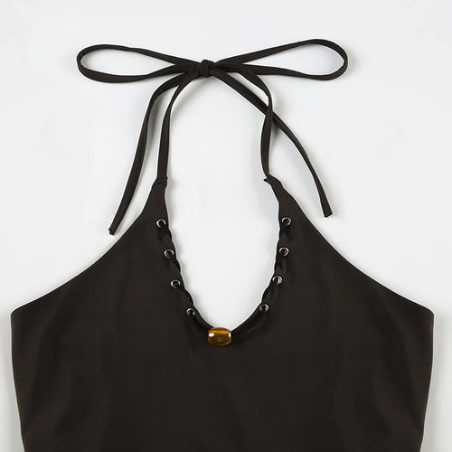 Load image into Gallery viewer, Vintage Chic Eyelet With Bead Lace-Up Halter Camis Women Brown Backless Summer Mini Cropped Tops Skinny Solid Clothes
