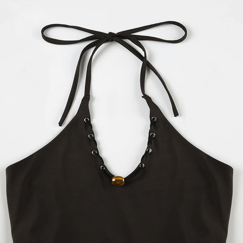 Vintage Chic Eyelet With Bead Lace-Up Halter Camis Women Brown Backless Summer Mini Cropped Tops Skinny Solid Clothes