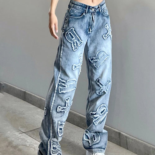 Load image into Gallery viewer, Streetwear Grunge Letter Patched Distressed Women Jeans Straight Casual Y2K Design Denim Trousers Korean Style Bottom
