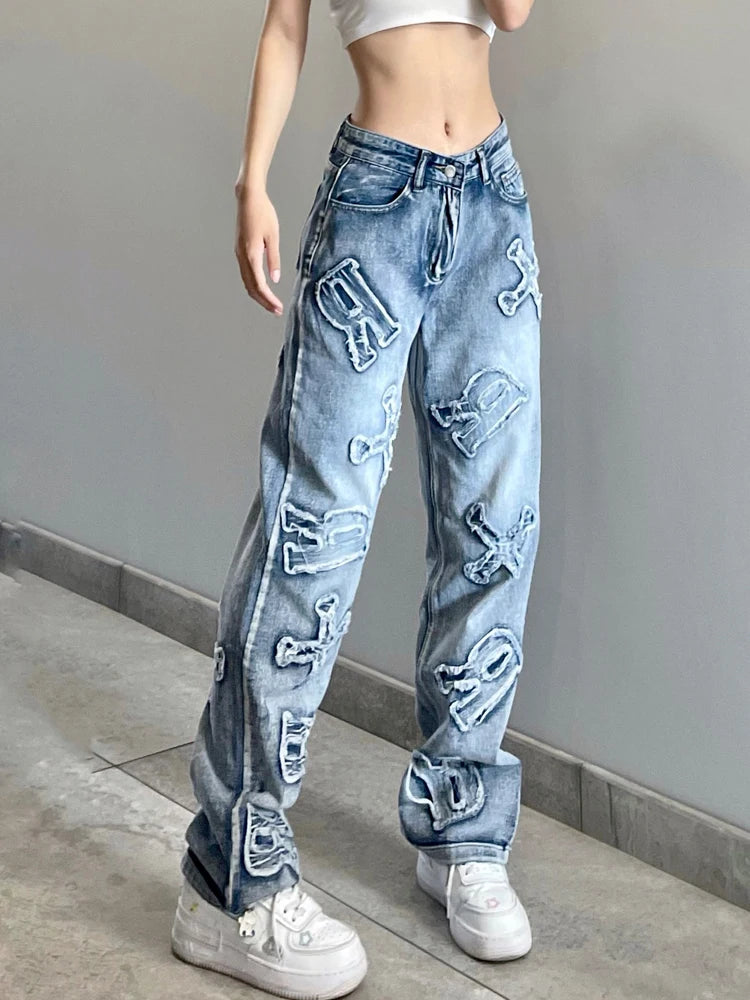 Streetwear Grunge Letter Patched Distressed Women Jeans Straight Casual Y2K Design Denim Trousers Korean Style Bottom