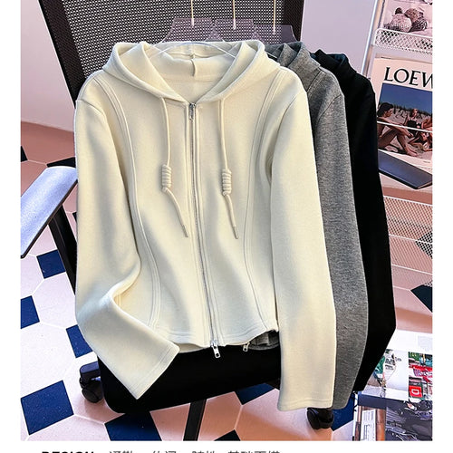Load image into Gallery viewer, Korean Fashion Women's Black Beige Festival Hooded Zipper Sweatshirt Autumn Winter Retro Grey Long Sleeve Holiday Cardigan Tops
