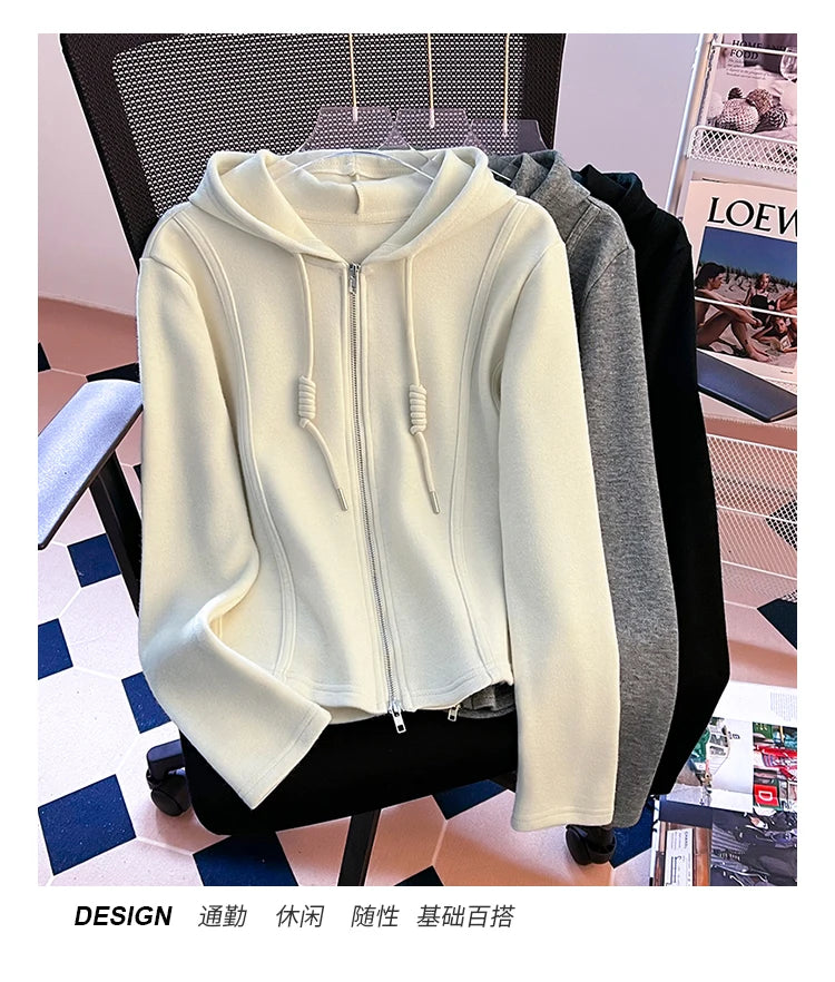 Korean Fashion Women's Black Beige Festival Hooded Zipper Sweatshirt Autumn Winter Retro Grey Long Sleeve Holiday Cardigan Tops