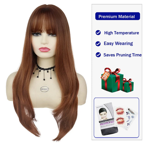 Load image into Gallery viewer, Synthetic Hair Wig Long Wigs for Women Ombre Brown Straight Wig with Bangs Heat Resistant Costume for Woman Carnival Party Wig
